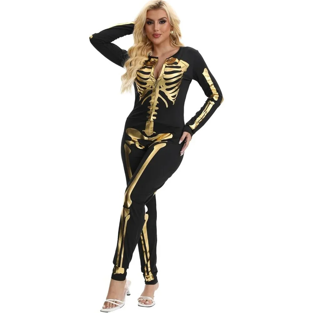 Women's Gold Skeleton Form Fitting Flattering Double Sided Skeleton Costume - Picture 2 of 9